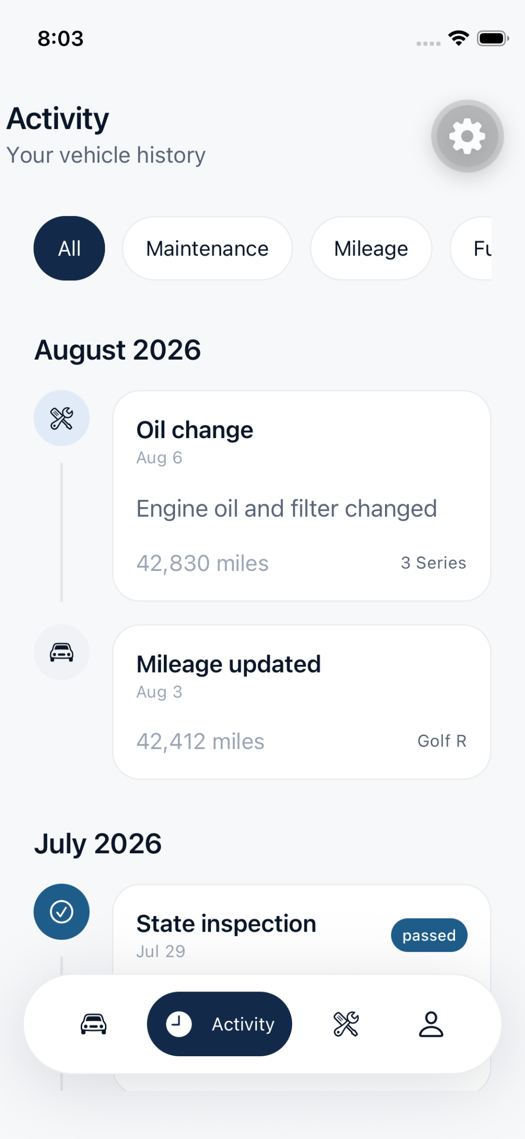 MyMotor Activity feed screenshot