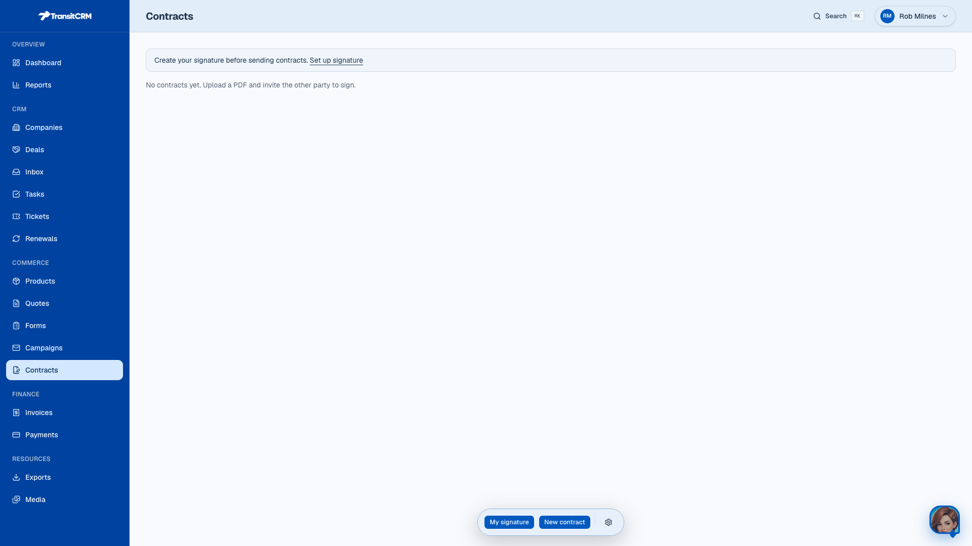 Contracts workspace in Transit CRM