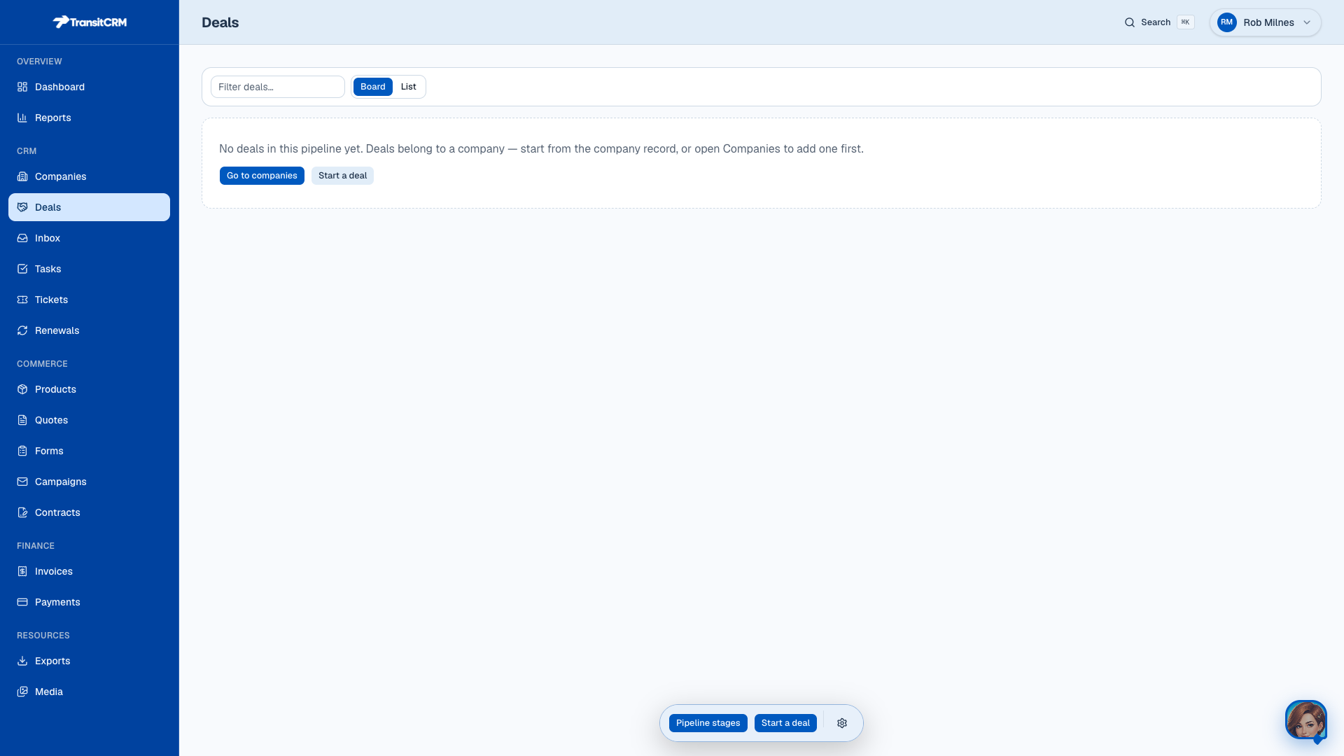 Deals list in Transit CRM
