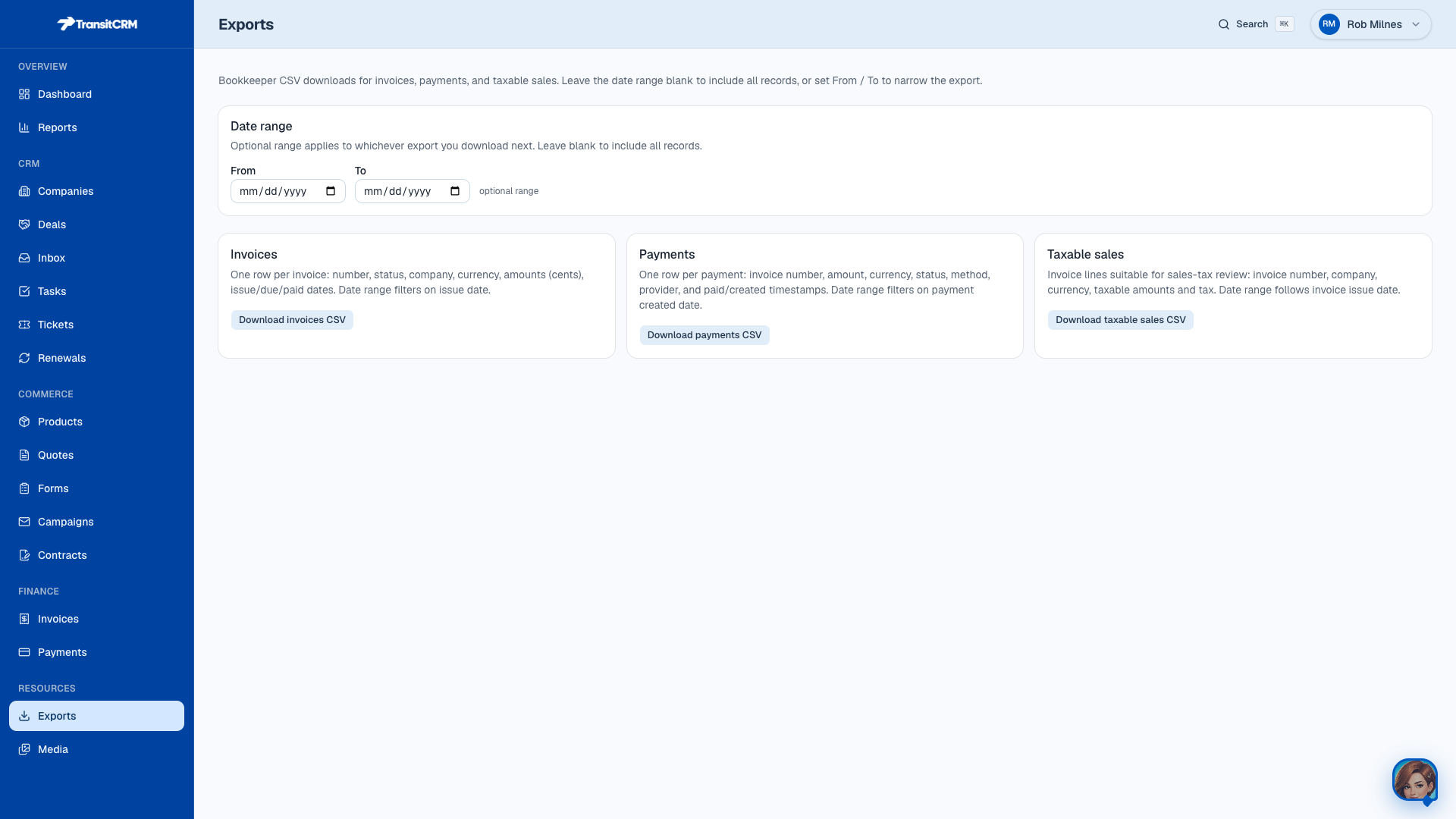 Data exports in Transit CRM