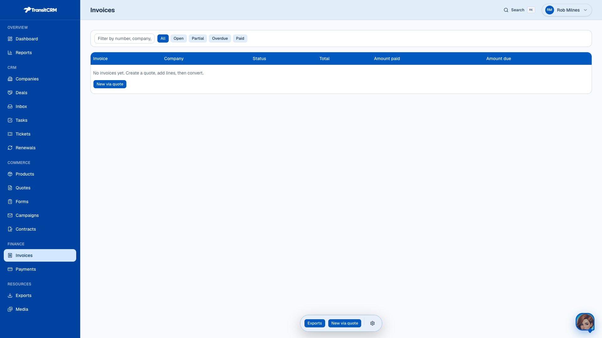 Invoices list in Transit CRM