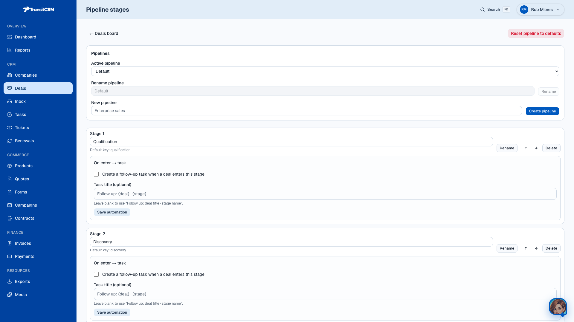 Deal pipeline stages in Transit CRM