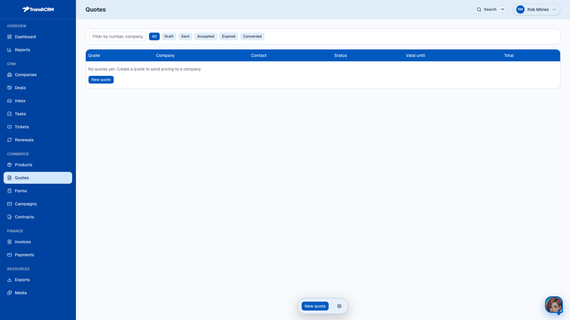 Quotes list in Transit CRM