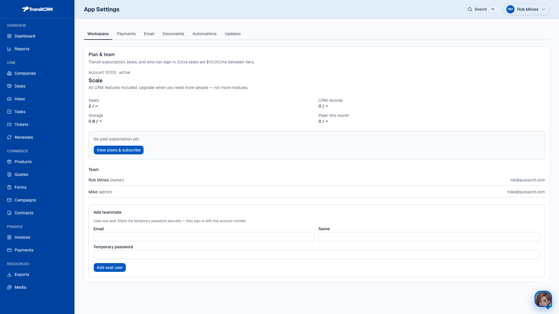 Plan and team settings in Transit CRM
